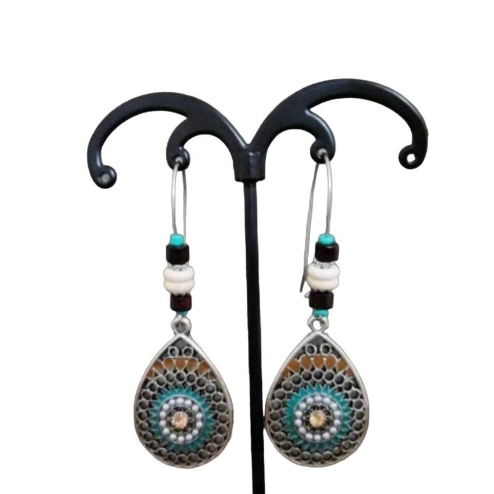 Bohemian Water Drop Shape Long Earrings‎ Sunflower Shape Pattern Colorful Boho